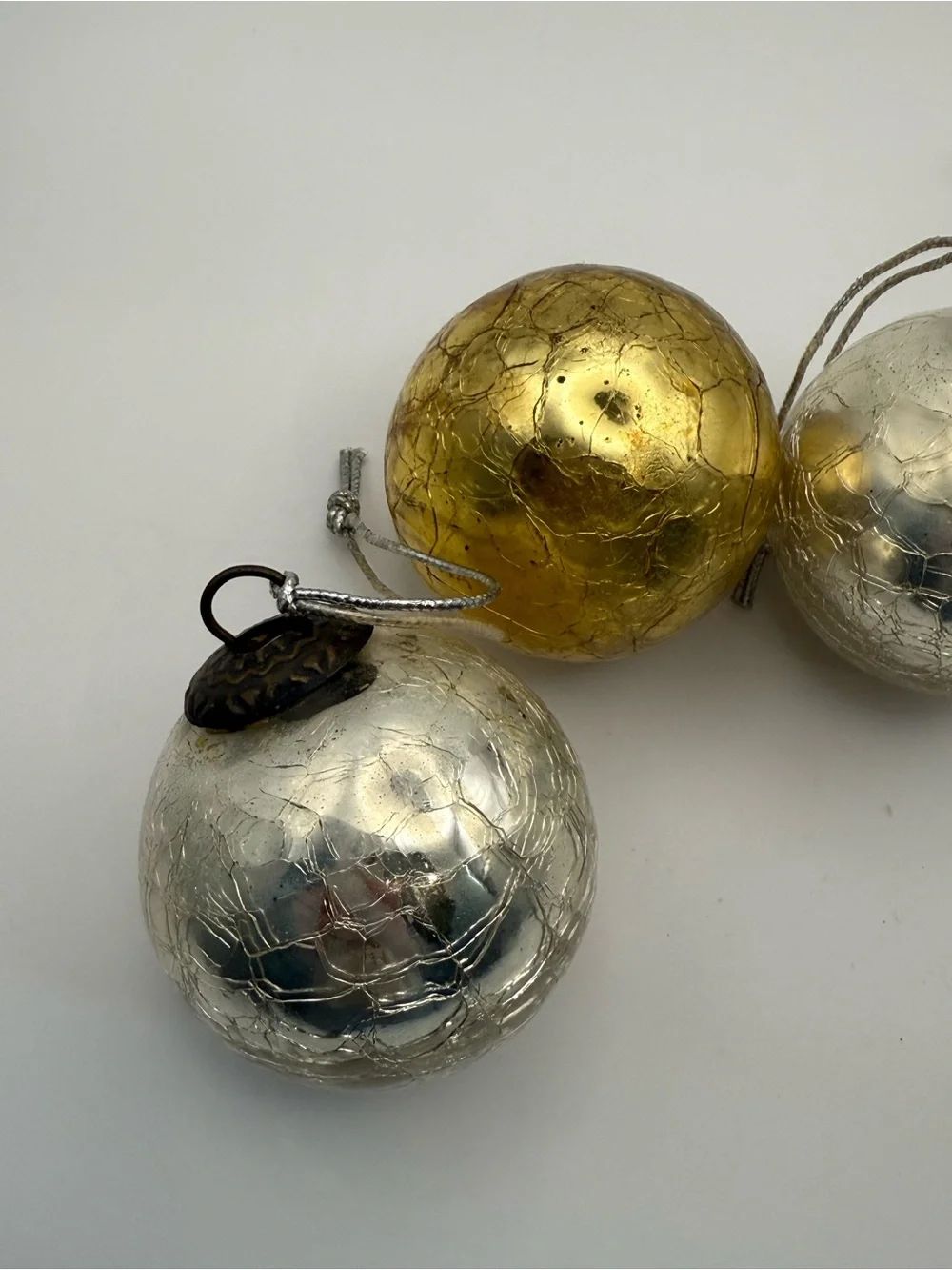 Set of 4 Vintage Metallic Gold & Silver Ornaments, Kugel Style, mercury glass
